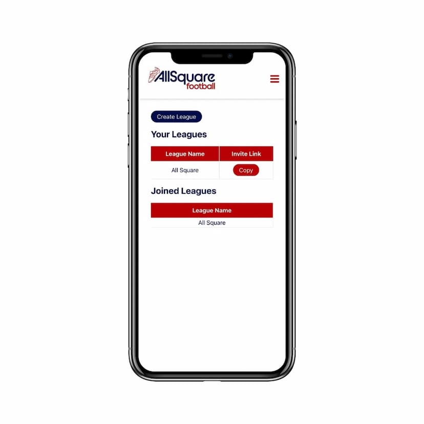 Mock up mobile phone showing example of the websites content on the public leagues page